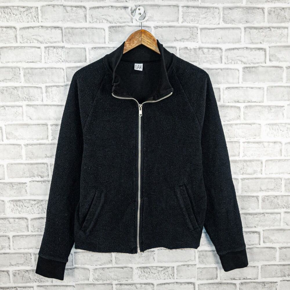 OAK NYC French terry full zip up Jacket Black Raw hem size Large